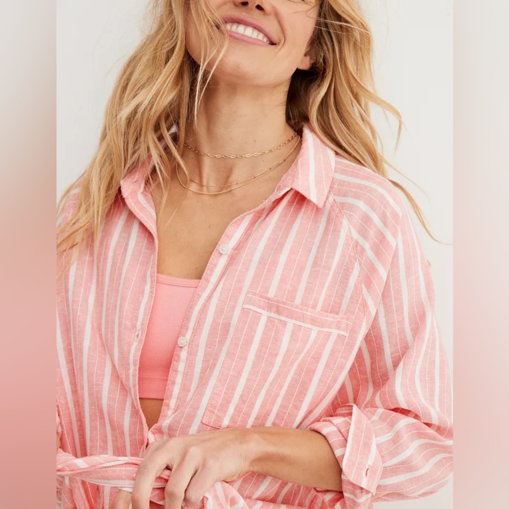 Aerie Linen Blend Coverup Shirt Pink and White Stripe Button Down - Picture 10 of 10